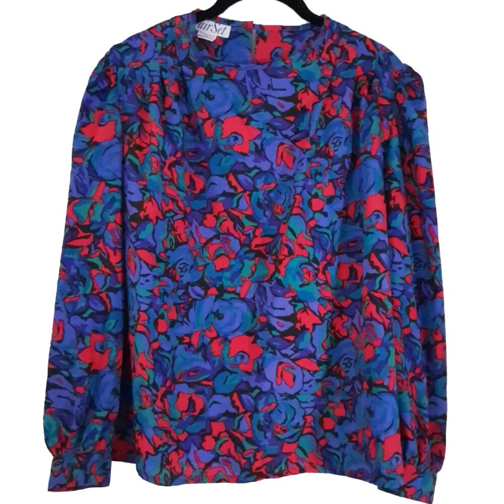 Vintage FAIRSET Multi-Color Flowy Puffy Sleeve Blouse Abstract Floral 14